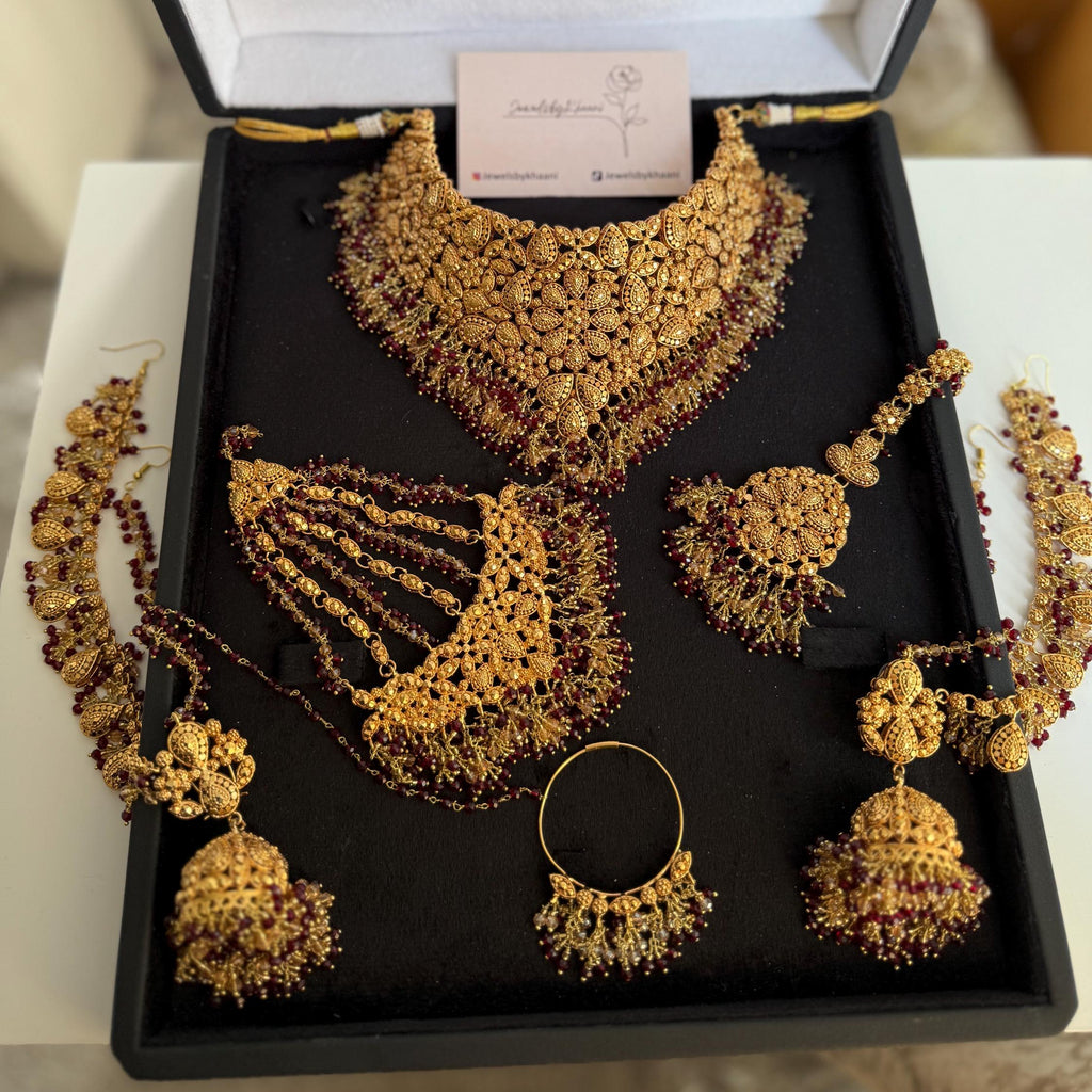 Gold-Plated Indian Bridal Choker Jewelry Set with Red Stones