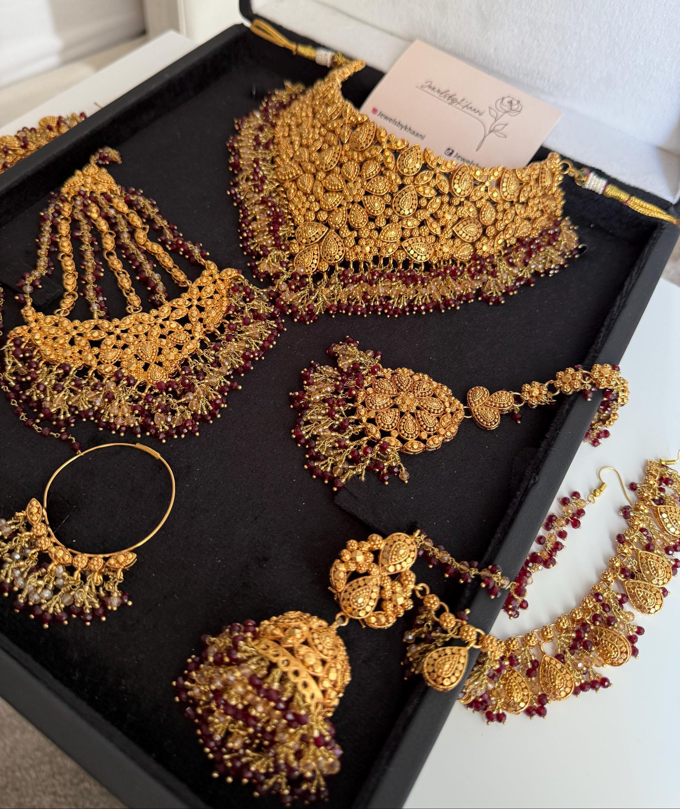 Gold-Plated Indian Bridal Choker Jewelry Set with Red Stones