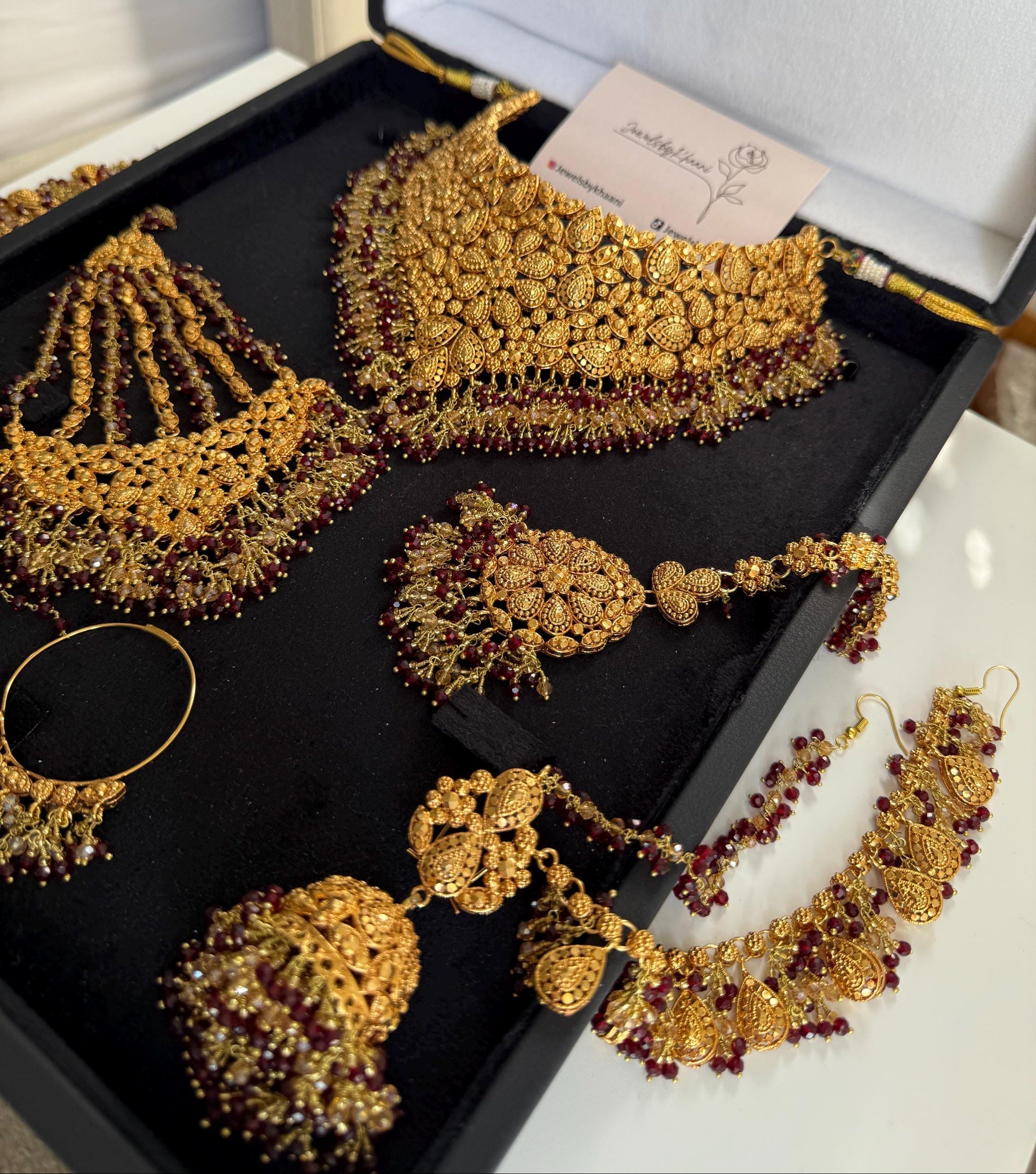 Gold-Plated Indian Bridal Choker Jewelry Set with Red Stones