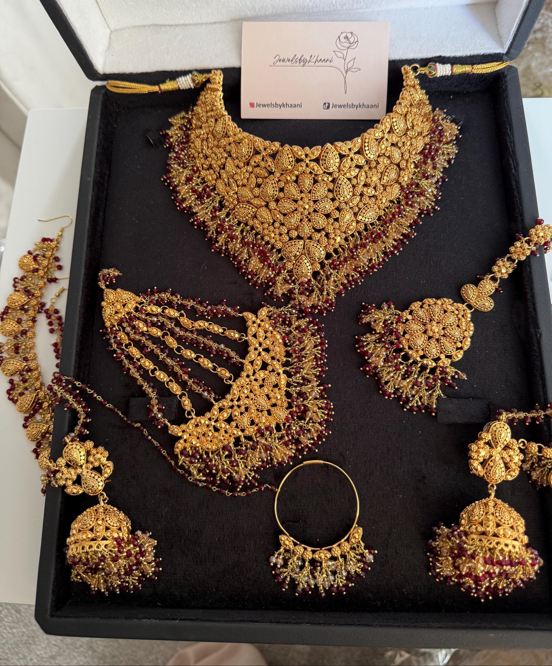Gold-Plated Indian Bridal Choker Jewelry Set with Red Stones