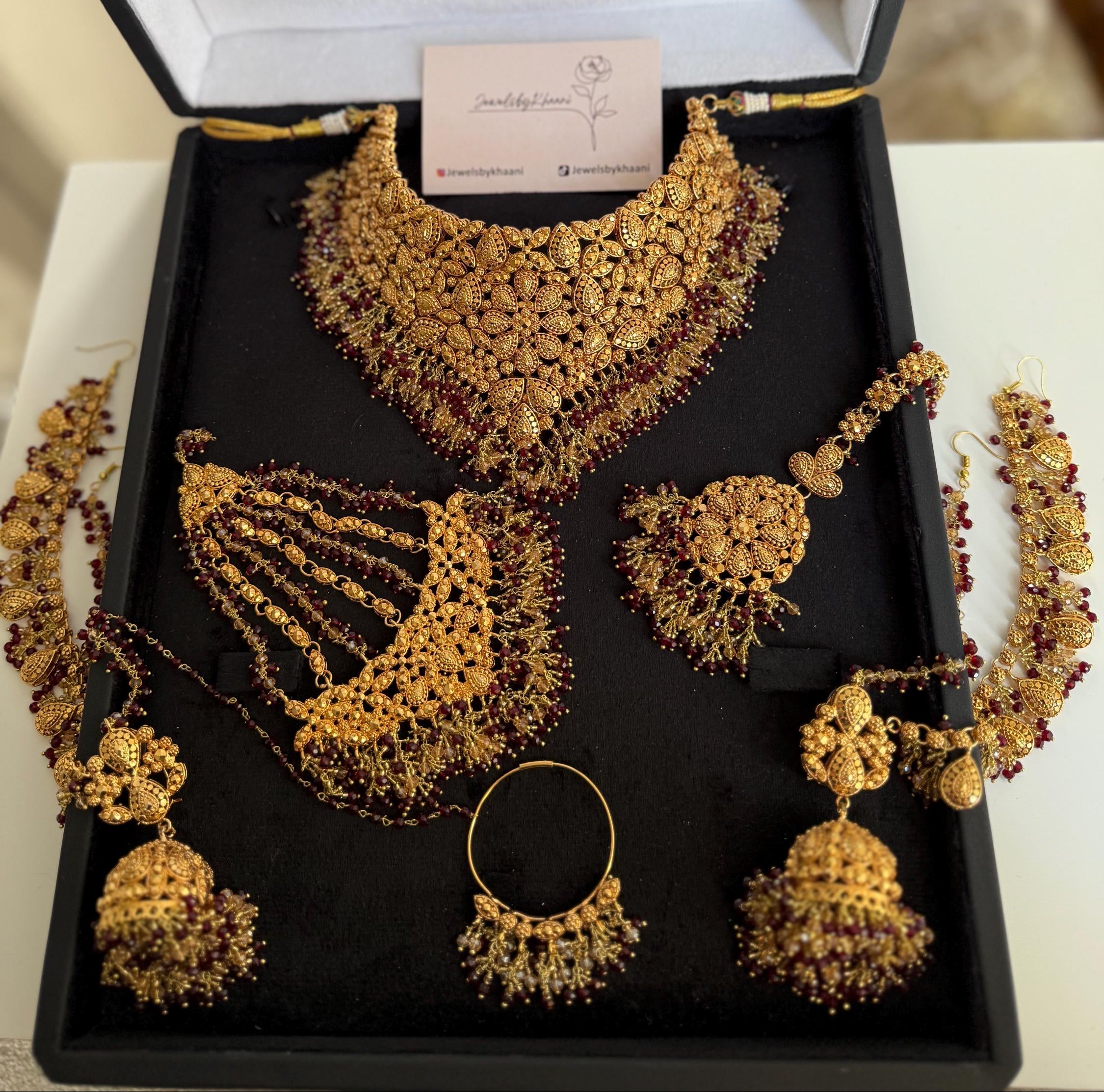 Gold-Plated Indian Bridal Choker Jewelry Set with Red Stones