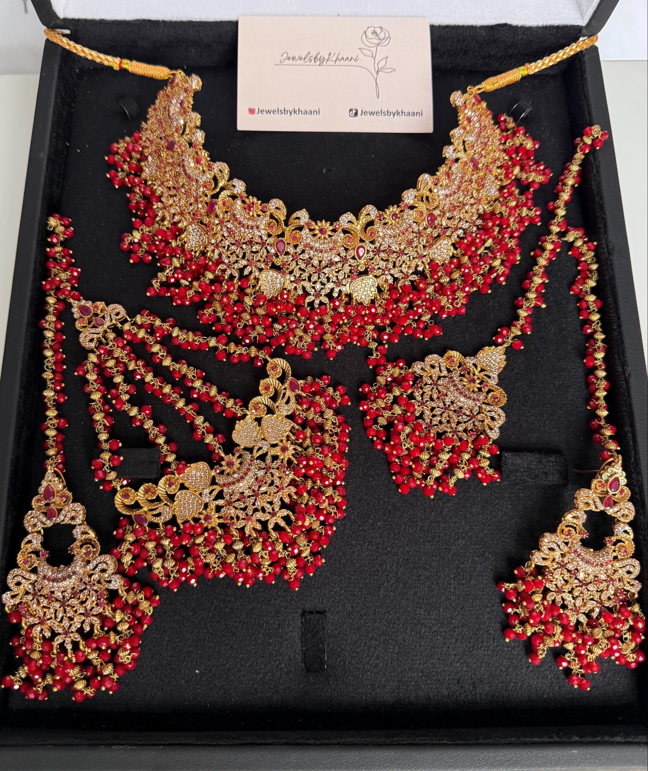 Gold-Plated Indian Bridal Choker Set: Red Stone Necklace, Earrings, Tikka & Jhoomar