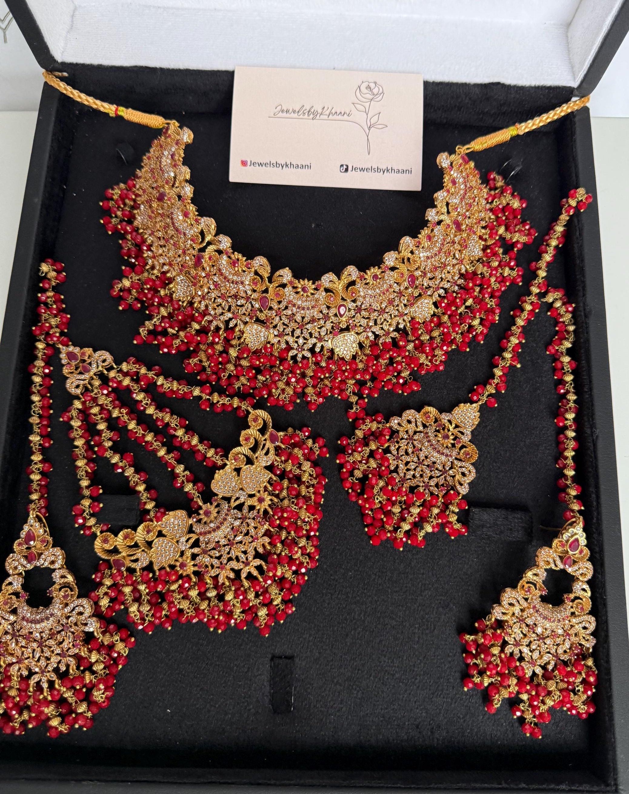 Gold-Plated Indian Bridal Choker Set: Red Stone Necklace, Earrings, Tikka & Jhoomar