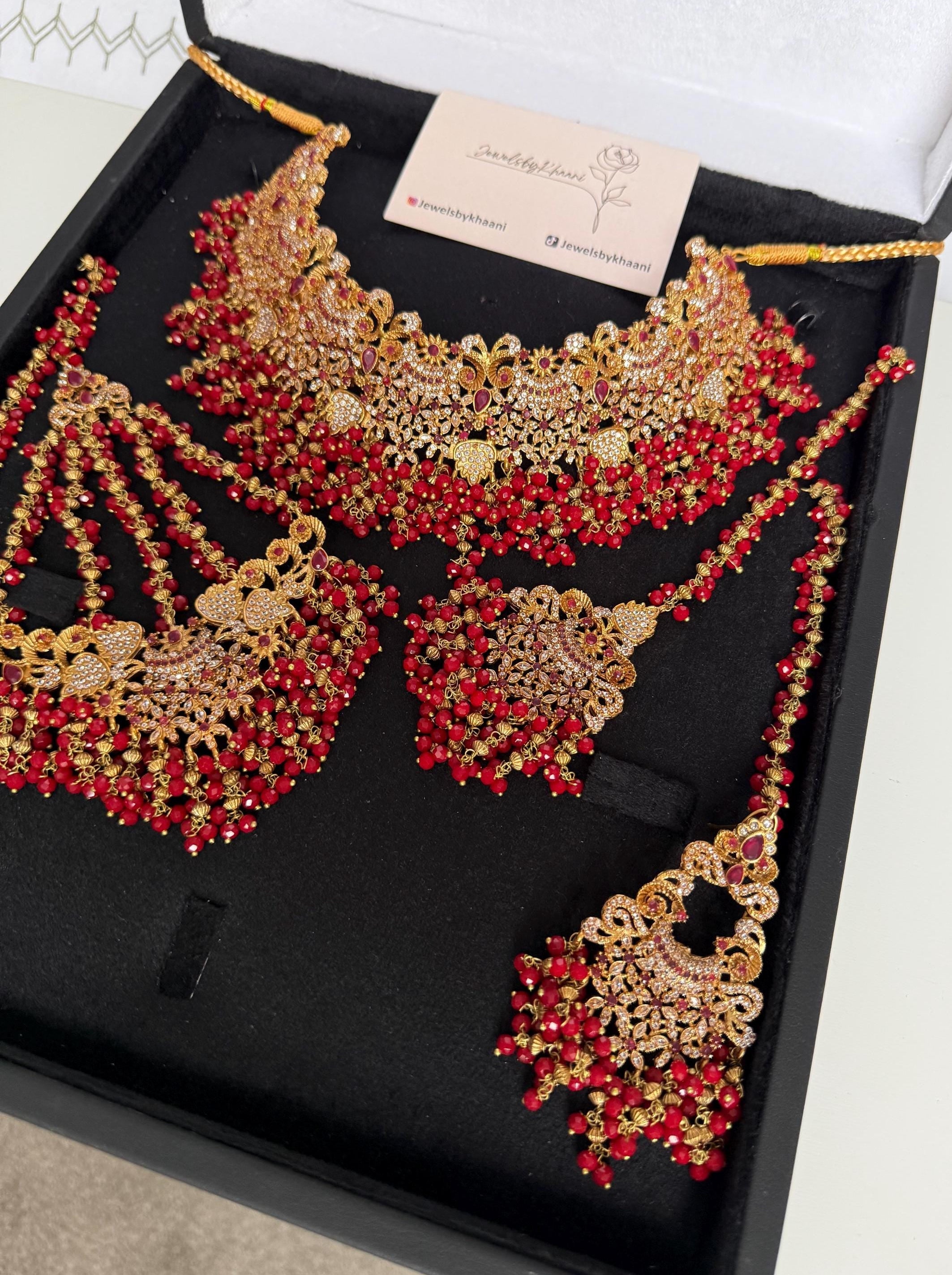 Gold-Plated Indian Bridal Choker Set: Red Stone Necklace, Earrings, Tikka & Jhoomar