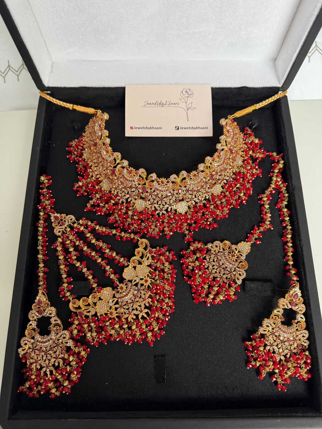Gold-Plated Indian Bridal Choker Set: Red Stone Necklace, Earrings, Tikka & Jhoomar