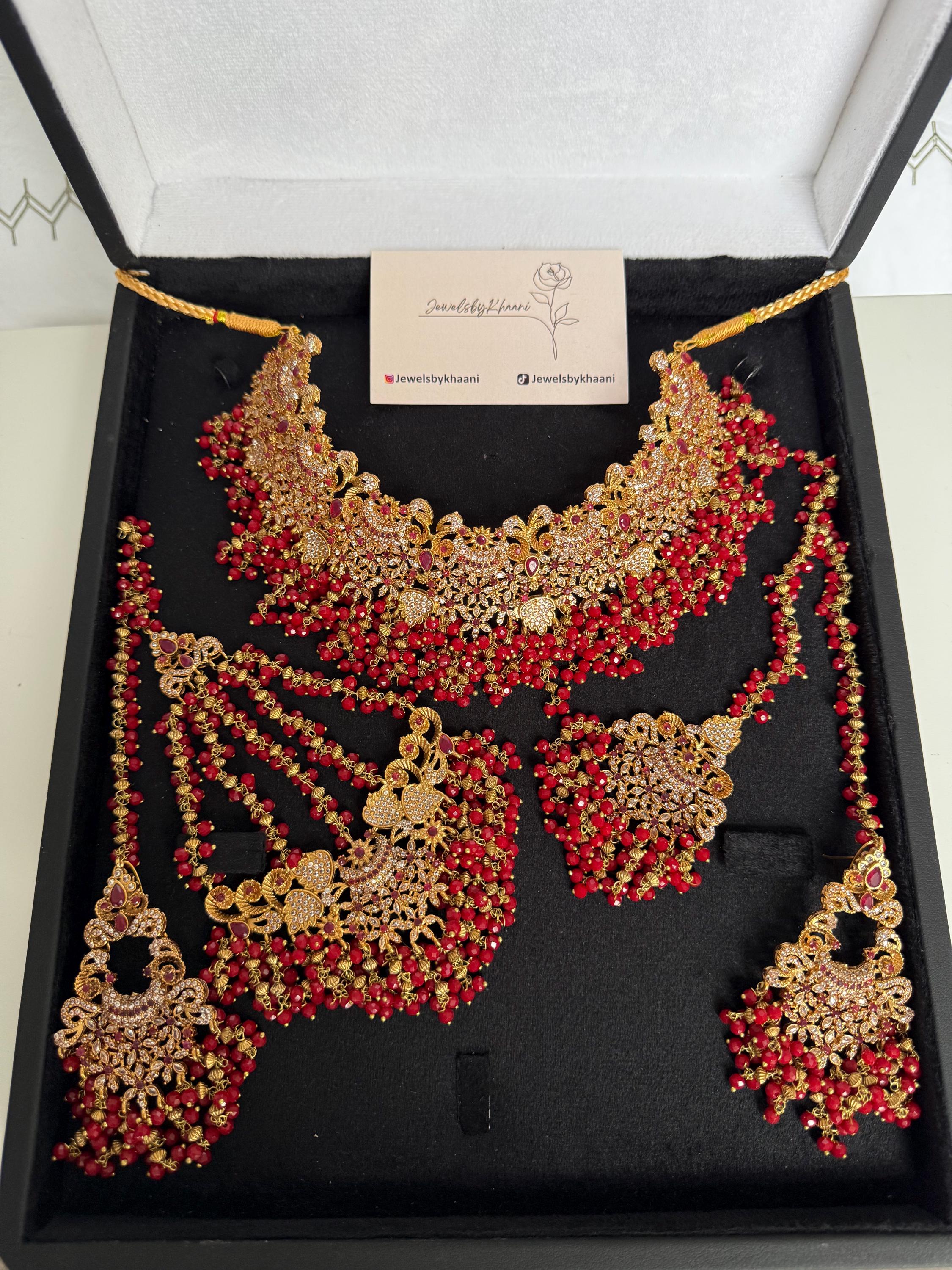 Gold-Plated Indian Bridal Choker Set: Red Stone Necklace, Earrings, Tikka & Jhoomar