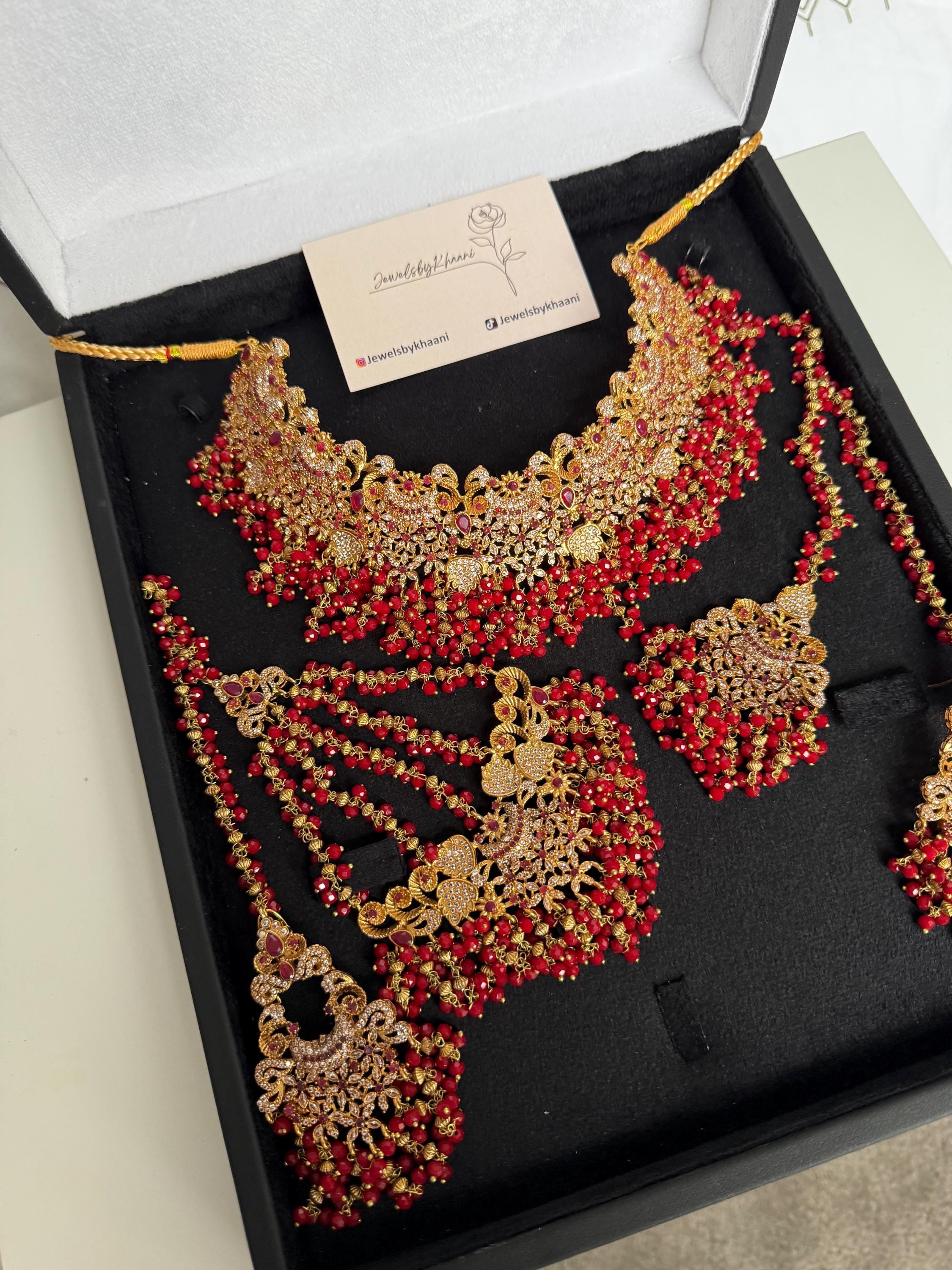 Gold-Plated Indian Bridal Choker Set: Red Stone Necklace, Earrings, Tikka & Jhoomar