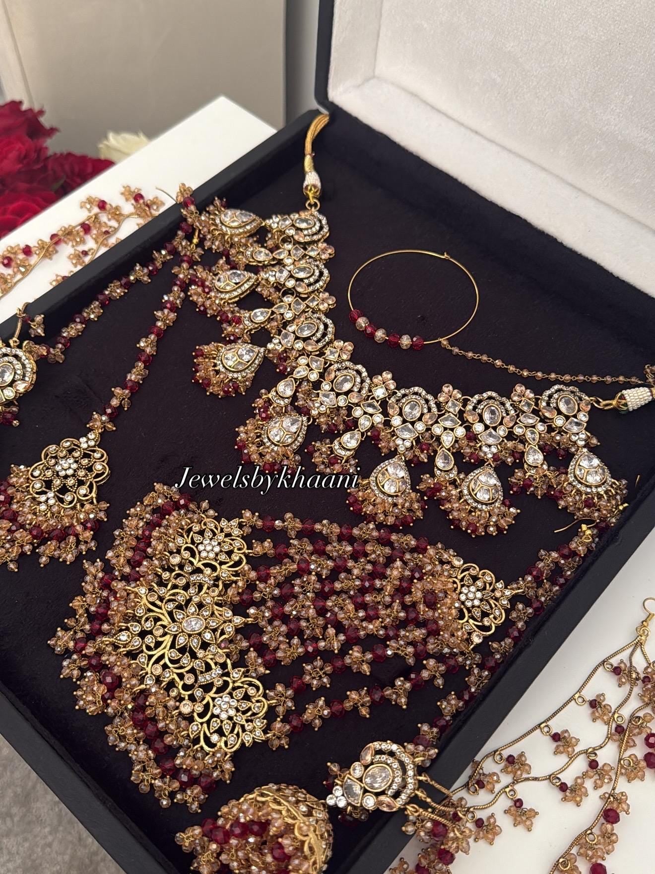 Gold-Plated Red Kundan Bridal Jewelry Set: Pakistani Indian Wedding Choker