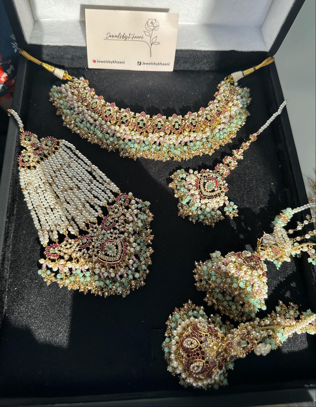 Multicolor Indian Bridal Choker Jewelry Set: Gold Plated Necklace, Earrings