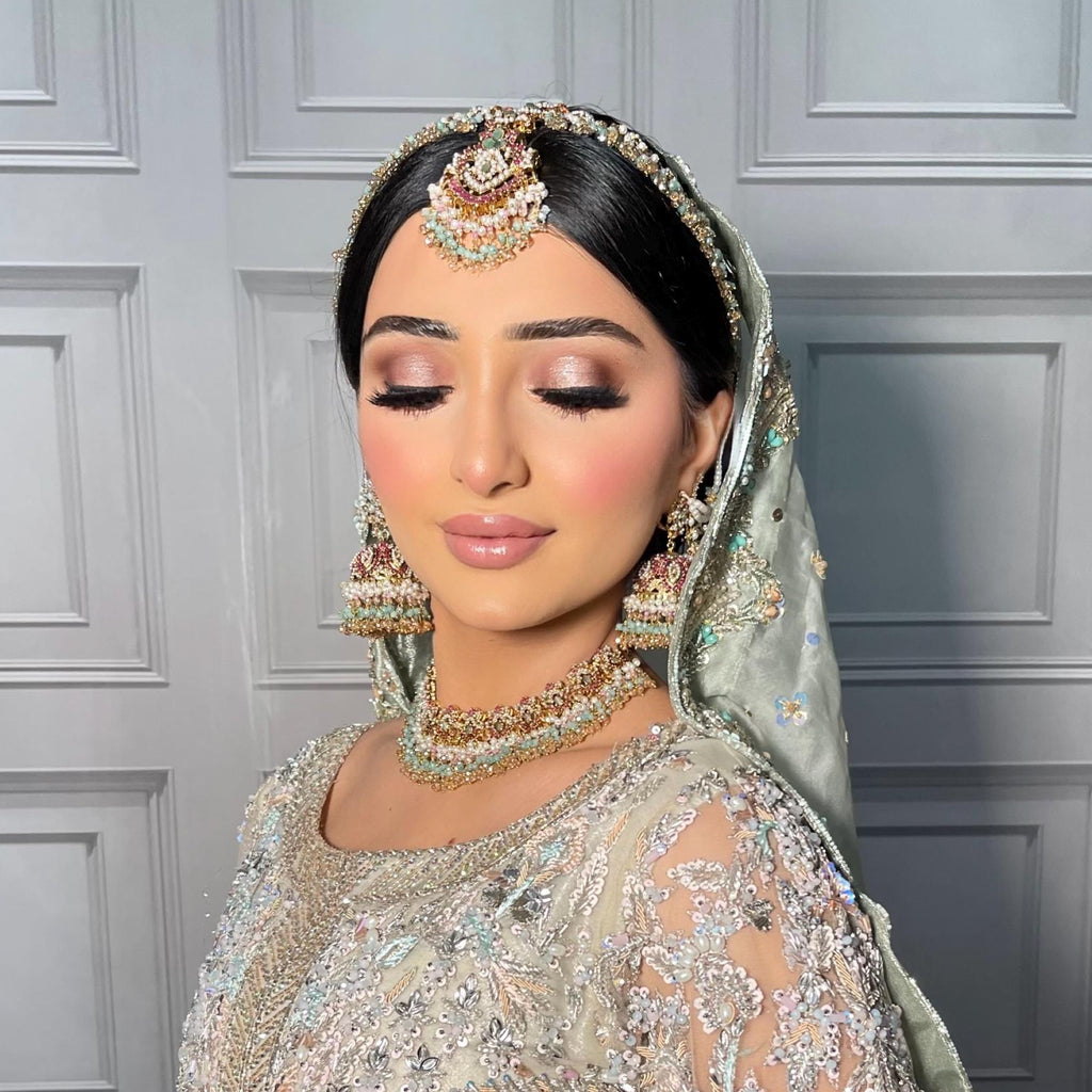 Multicolor Indian Bridal Choker Jewelry Set: Gold Plated Necklace, Earrings