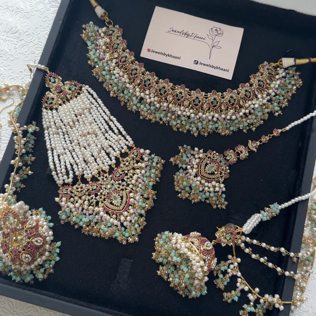 Multicolor Indian Bridal Choker Jewelry Set: Gold Plated Necklace, Earrings