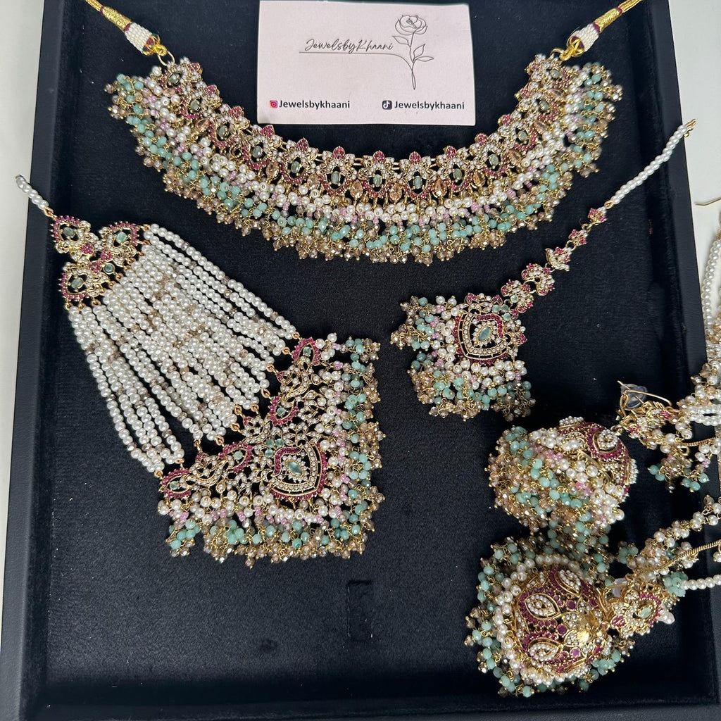 Multicolor Indian Bridal Choker Jewelry Set: Gold Plated Necklace, Earrings