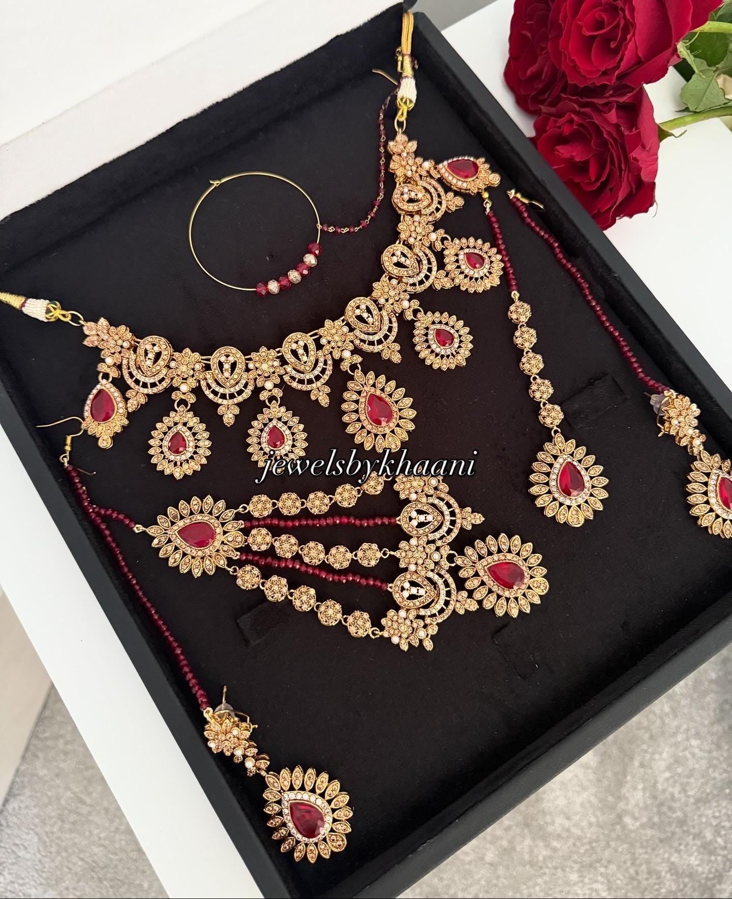 Red Kundan Choker Set: 24k Gold-Plated Indian Pakistani Jewelry