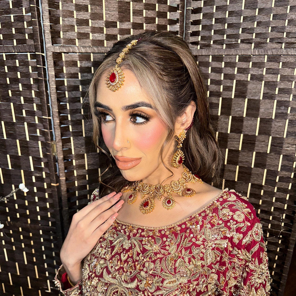 Red Kundan Choker Set: 24k Gold-Plated Indian Pakistani Jewelry