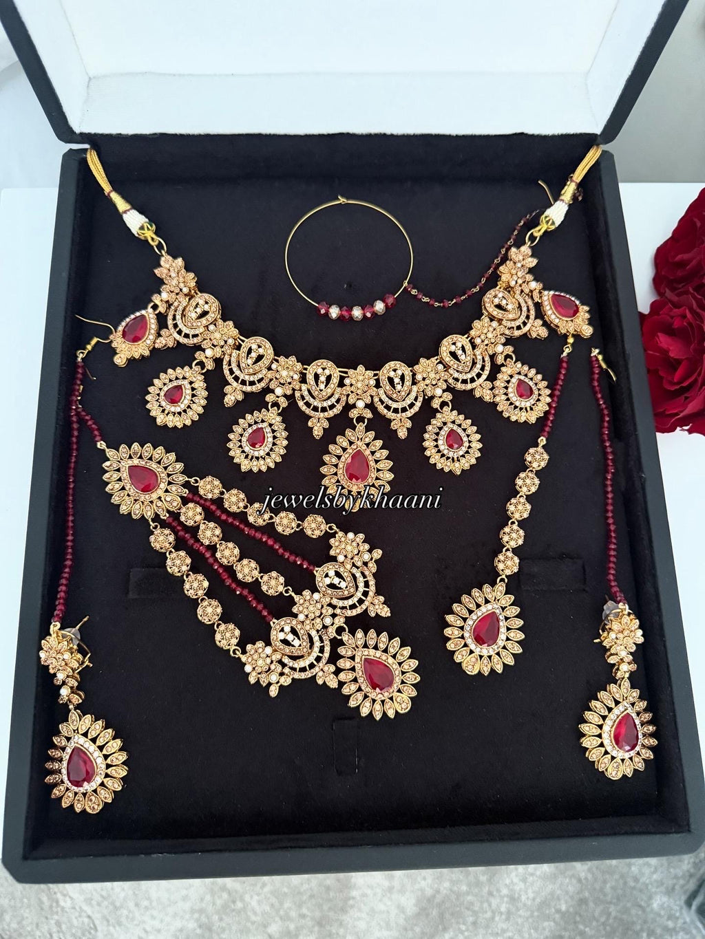 Red Kundan Choker Set: 24k Gold-Plated Indian Pakistani Jewelry