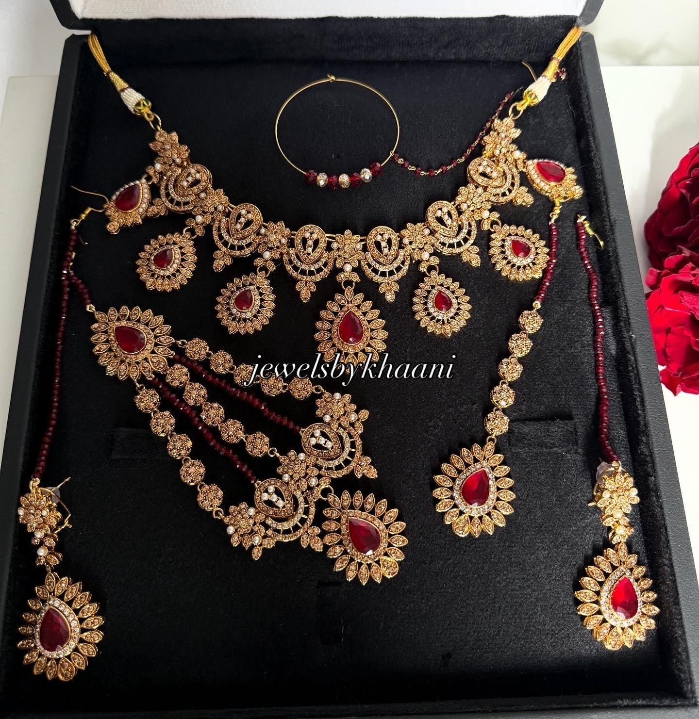 Red Kundan Choker Set: 24k Gold-Plated Indian Pakistani Jewelry