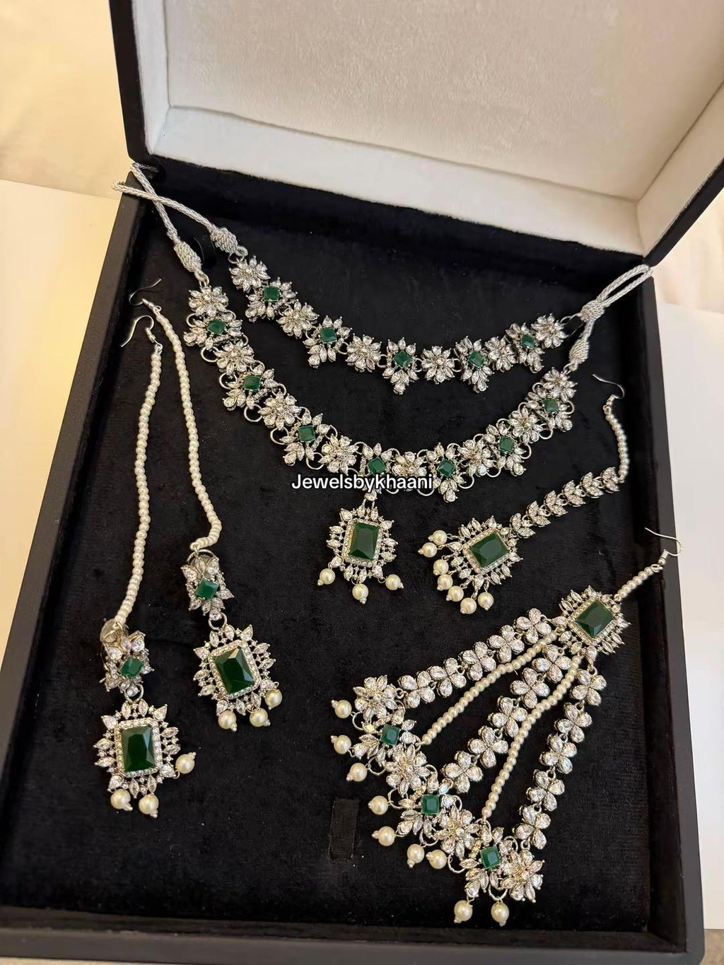 Silver Plated Bridal Jewelry Set, Indian Pakistani Necklace, Earrings, Tikka