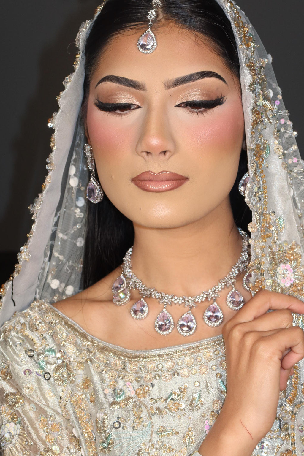 Silver plated 3 pieces Indian/Pakistani Walima Bridal  Jewelry Set  (Necklace, earrings and tikka)