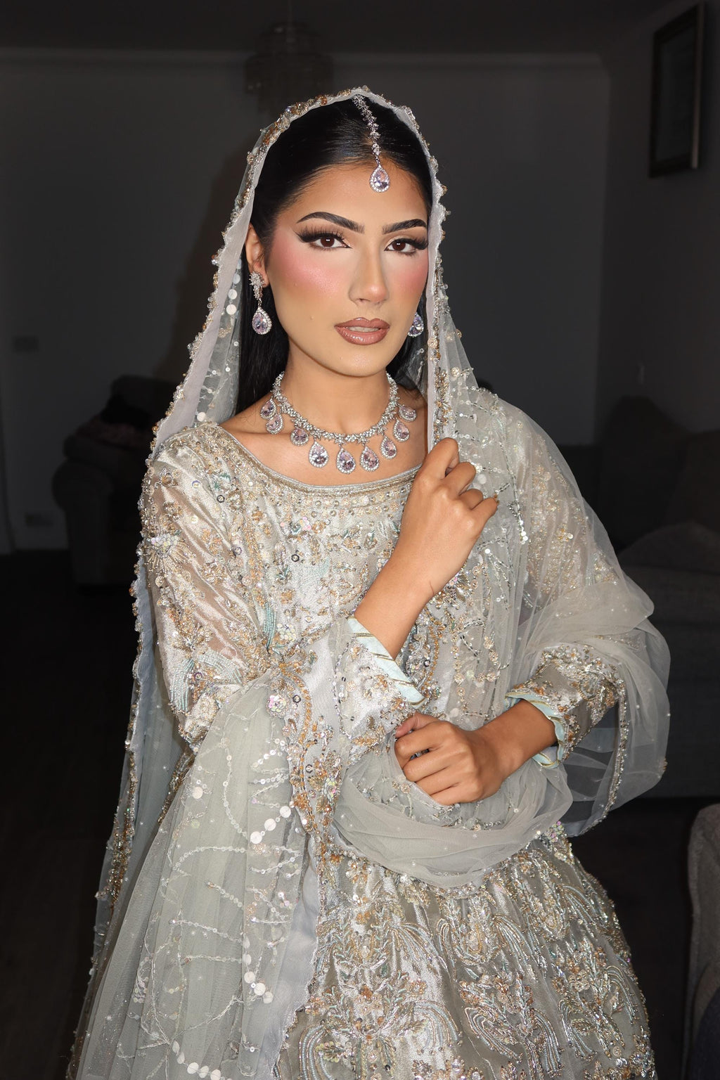 Silver plated 3 pieces Indian/Pakistani Walima Bridal  Jewelry Set  (Necklace, earrings and tikka)