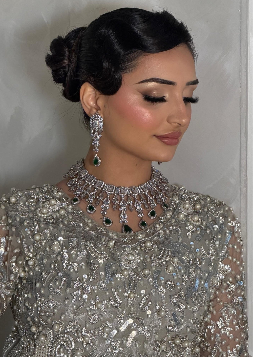 Silver plated 3 pieces Indian/Pakistani Walima Bridal  Jewelry Set  (Necklace, earrings and tikka)