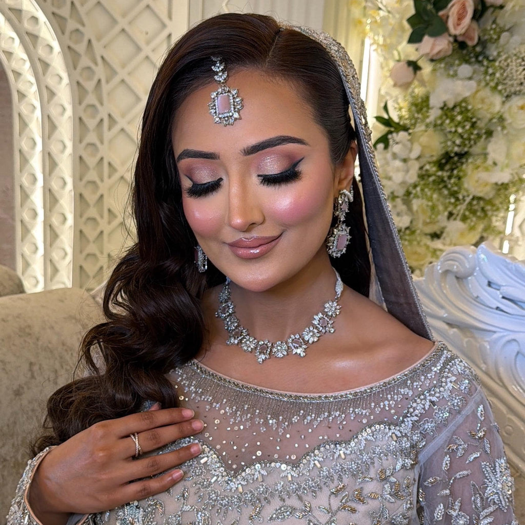 Silver plated 3 pieces Indian/Pakistani Walima Bridal  Jewelry Set  (Necklace, earrings and tikka)