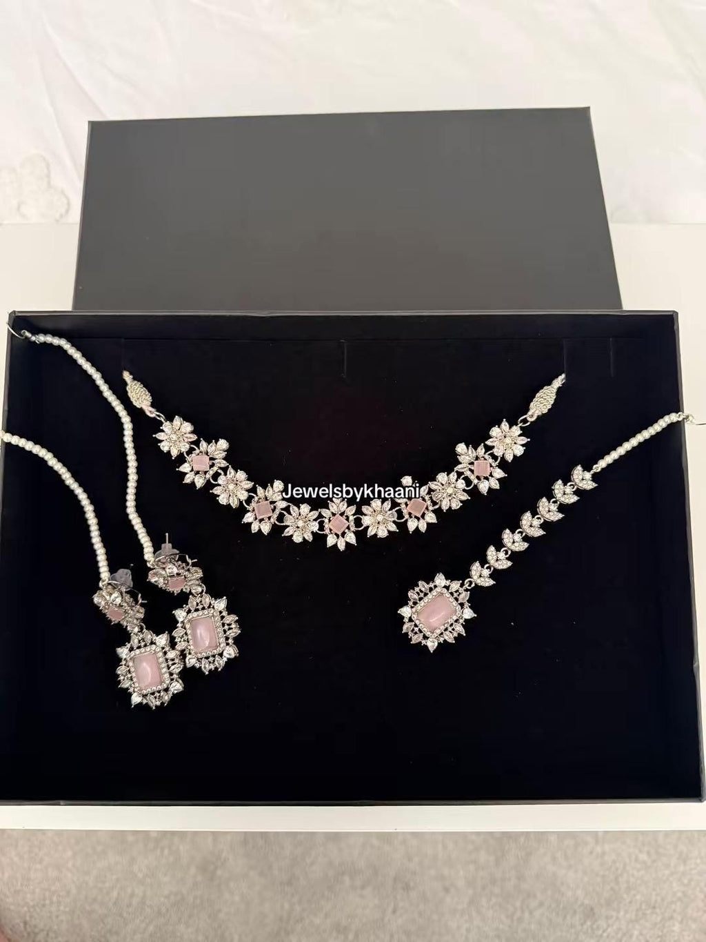 Silver plated 3 pieces Indian/Pakistani Walima Bridal  Jewelry Set  (Necklace, earrings and tikka)