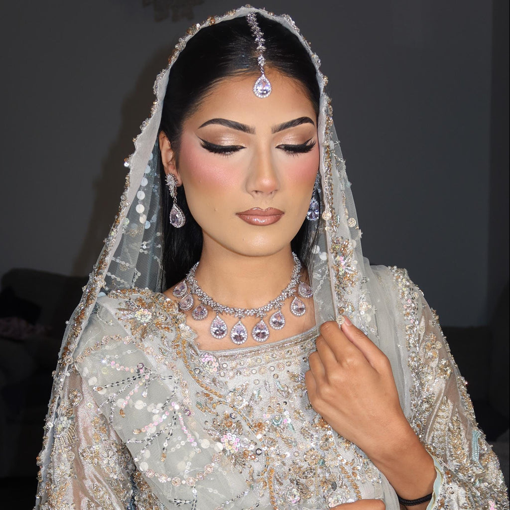 Silver plated 3 pieces Indian/Pakistani Walima Bridal  Jewelry Set  (Necklace, earrings and tikka)