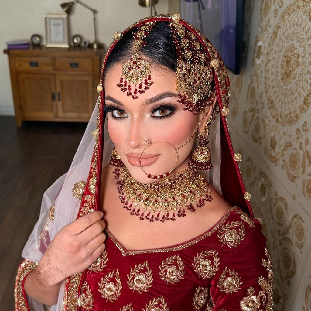 24k Gold Plated Bridal Choker Jewelry Set: Red Indian Pakistani Wedding