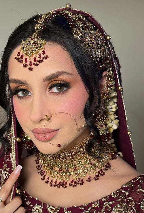 24k Gold Plated Bridal Choker Jewelry Set: Red Indian Pakistani Wedding