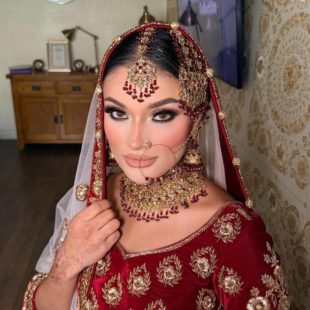 24k Gold Plated Bridal Choker Jewelry Set: Red Indian Pakistani Wedding