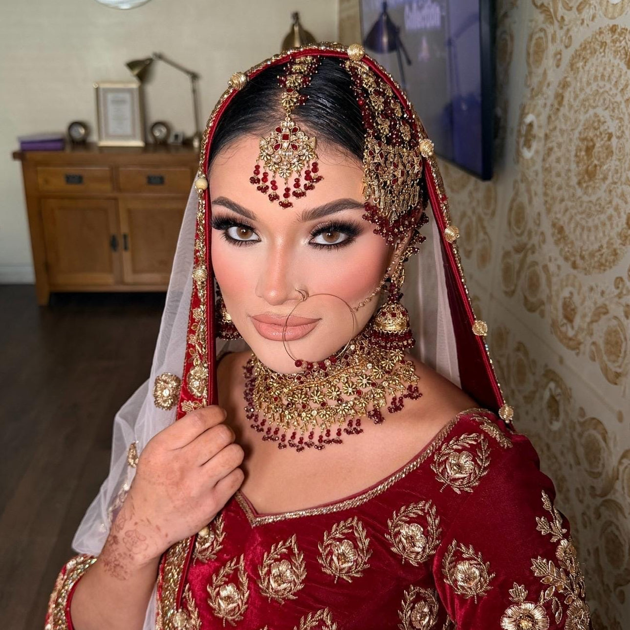 24k Gold Plated Bridal Choker Jewelry Set: Red Indian Pakistani Wedding