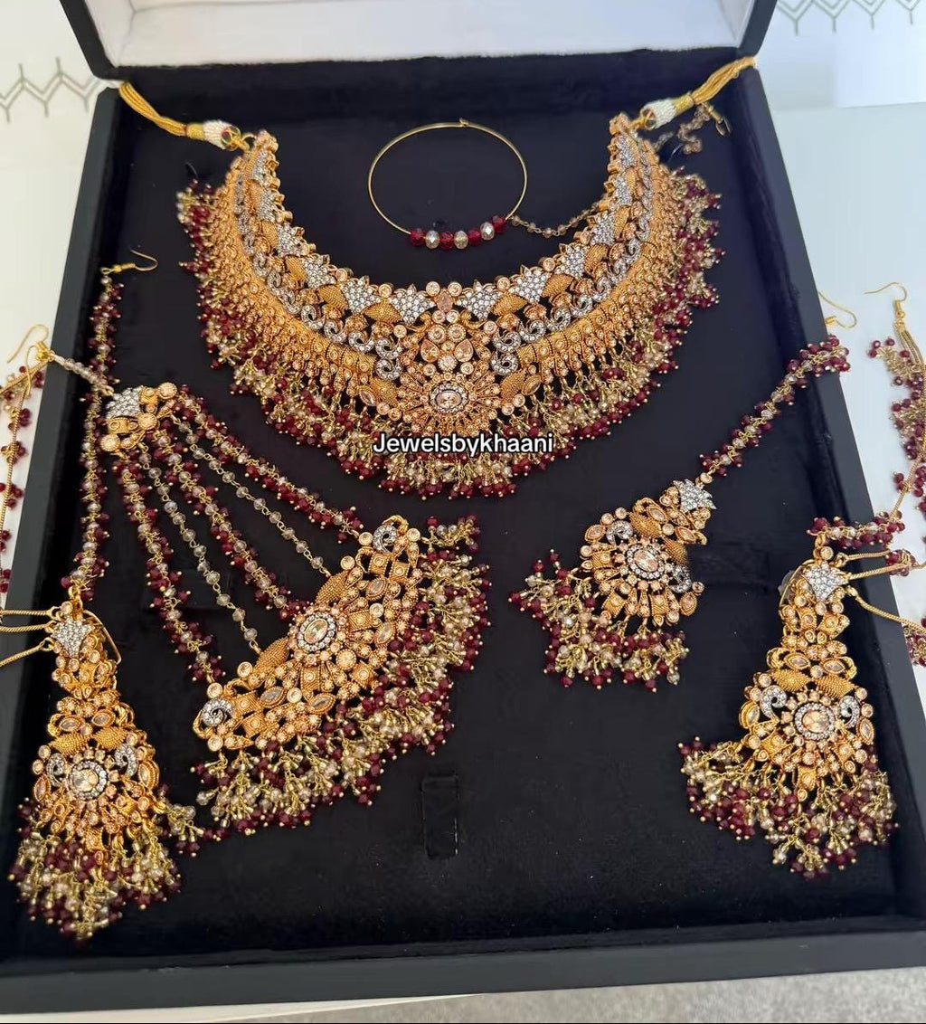 24k Gold Plated Bridal Choker Jewelry Set: Red Indian Pakistani Wedding