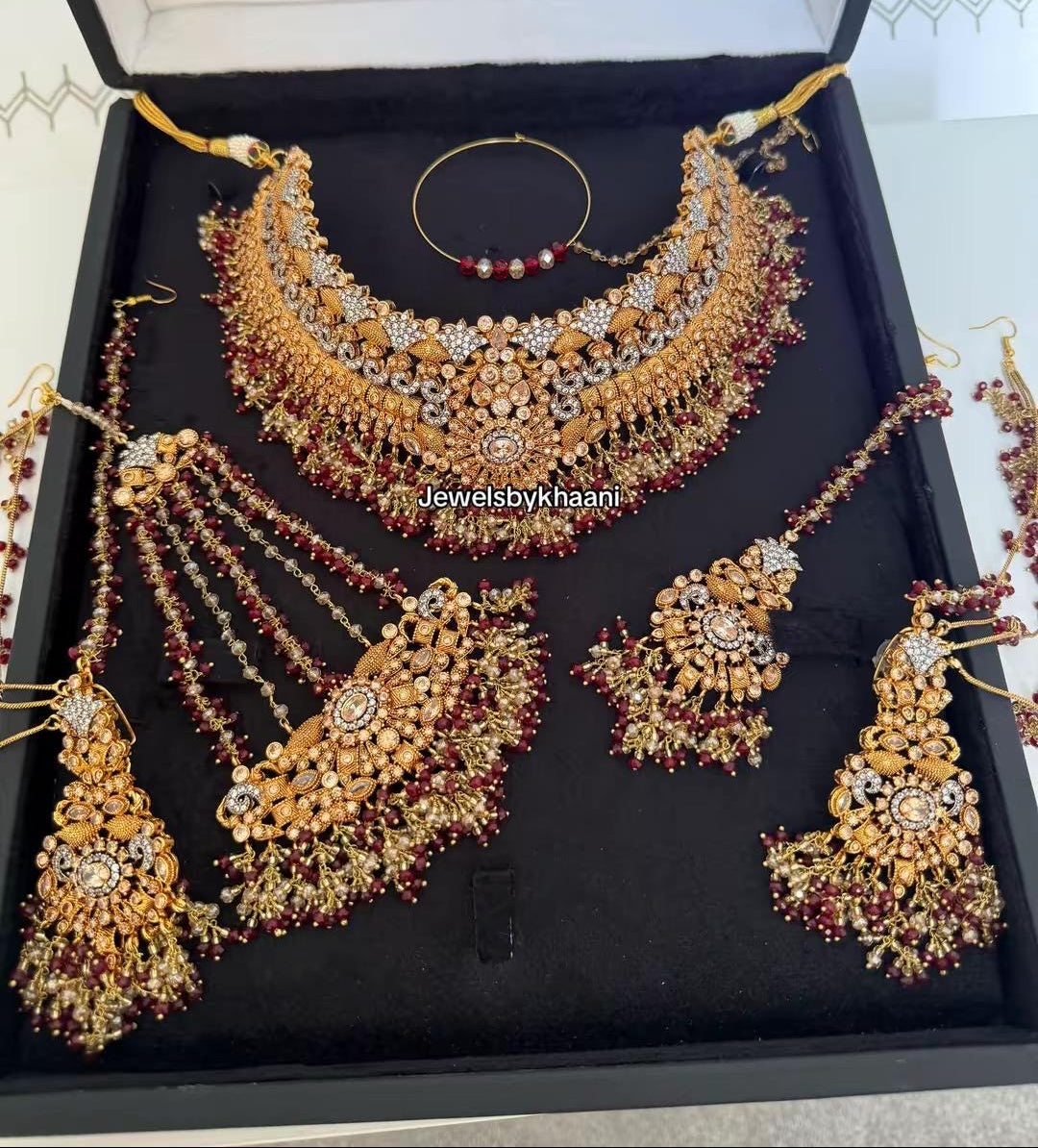24k Gold Plated Bridal Choker Jewelry Set: Red Indian Pakistani Wedding