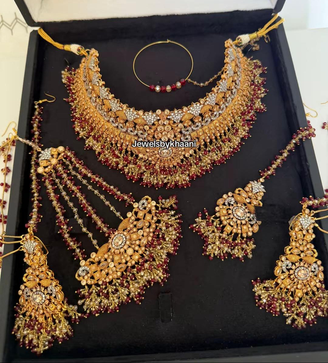 24k Gold Plated Bridal Choker Jewelry Set: Red Indian Pakistani Wedding