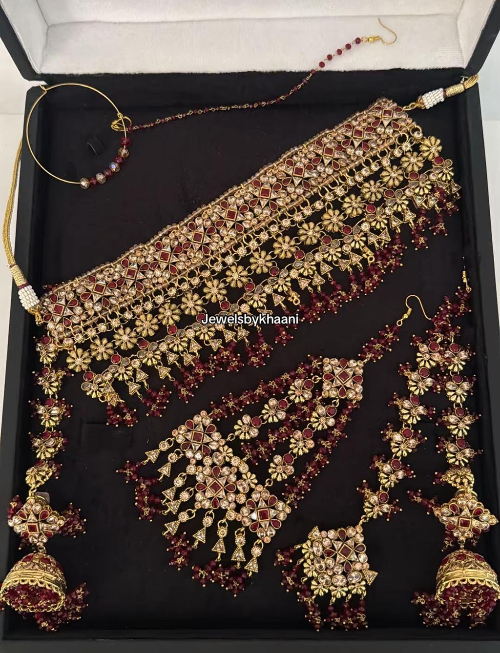 24k Gold Plated Bridal Choker Jewelry Set: Red Indian Pakistani Wedding