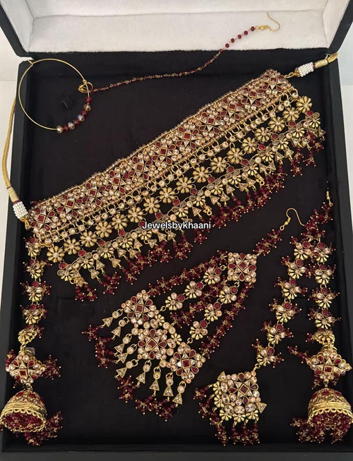 24k Gold Plated Bridal Choker Jewelry Set: Red Indian Pakistani Wedding