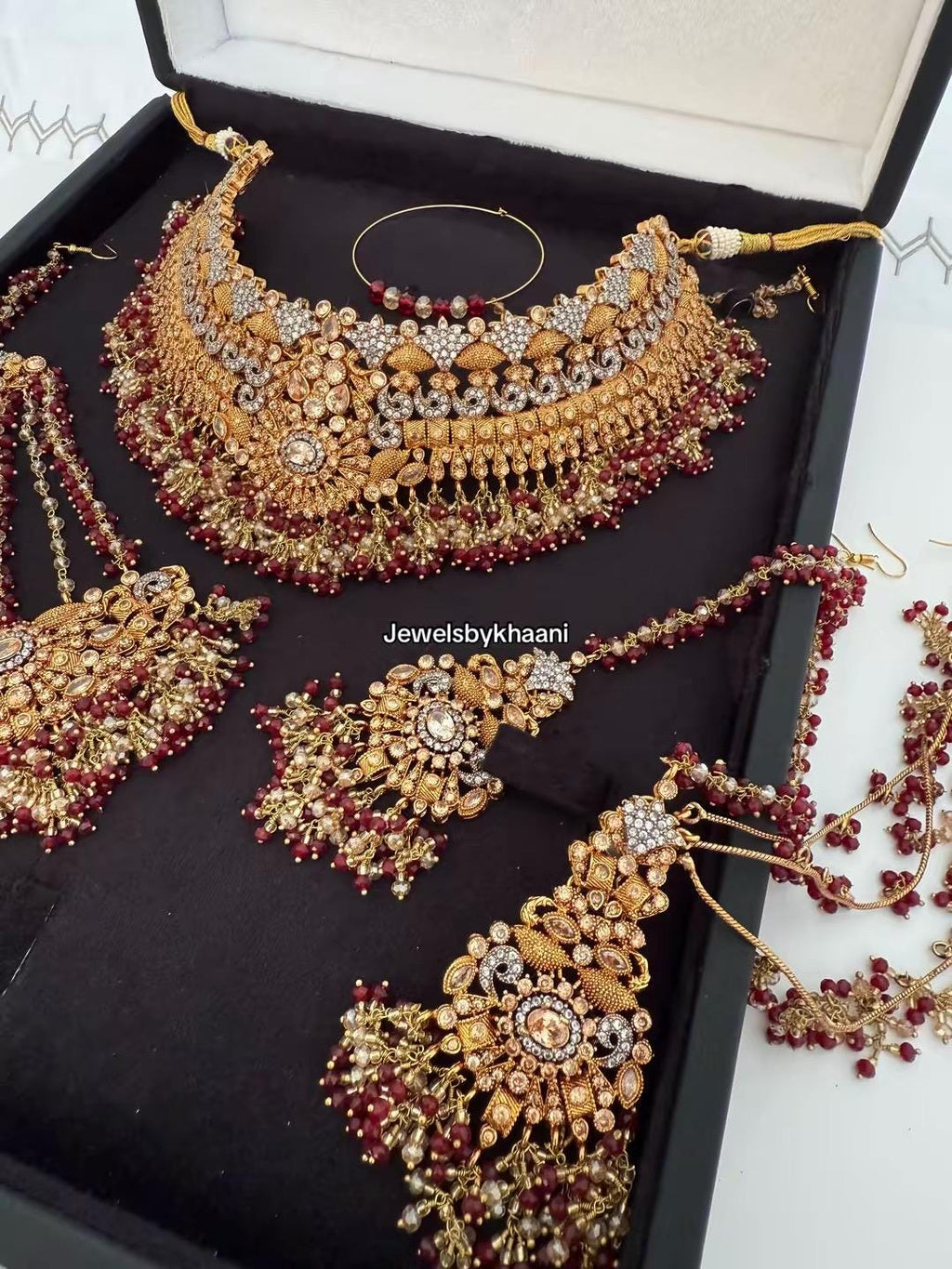24k Gold Plated Bridal Choker Jewelry Set: Red Indian Pakistani Wedding