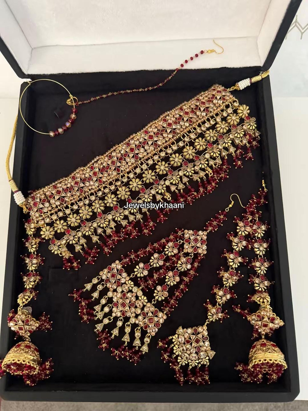 24k Gold Plated Bridal Choker Jewelry Set: Red Indian Pakistani Wedding