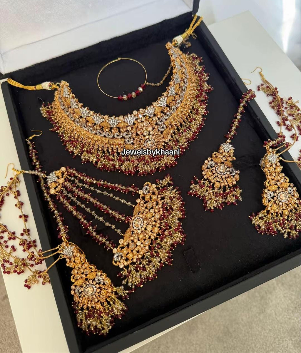 24k Gold Plated Bridal Choker Jewelry Set: Red Indian Pakistani Wedding
