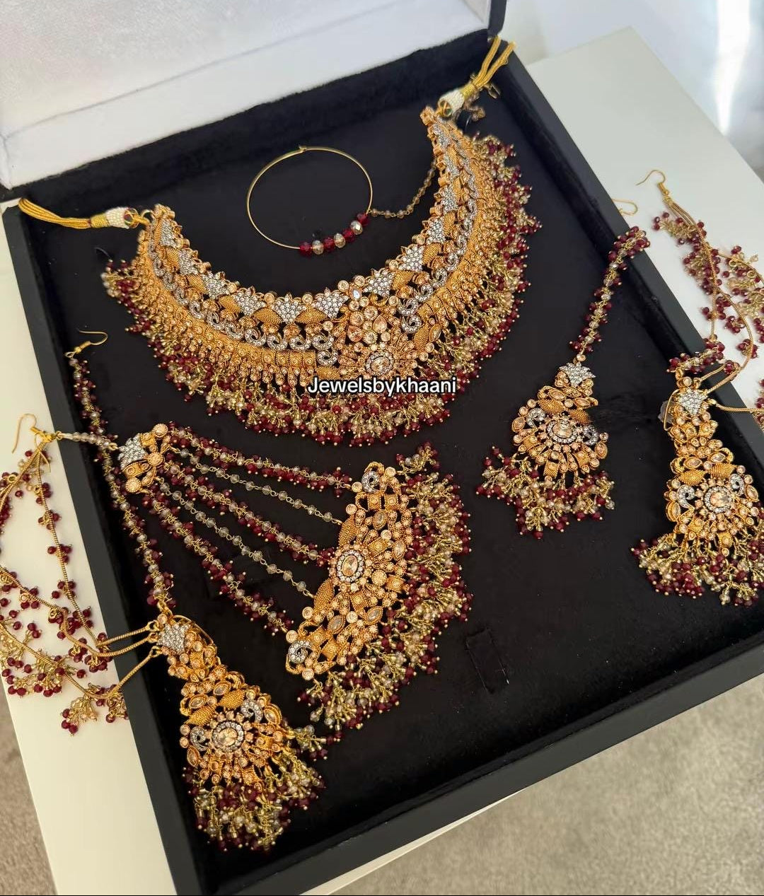 24k Gold Plated Bridal Choker Jewelry Set: Red Indian Pakistani Wedding