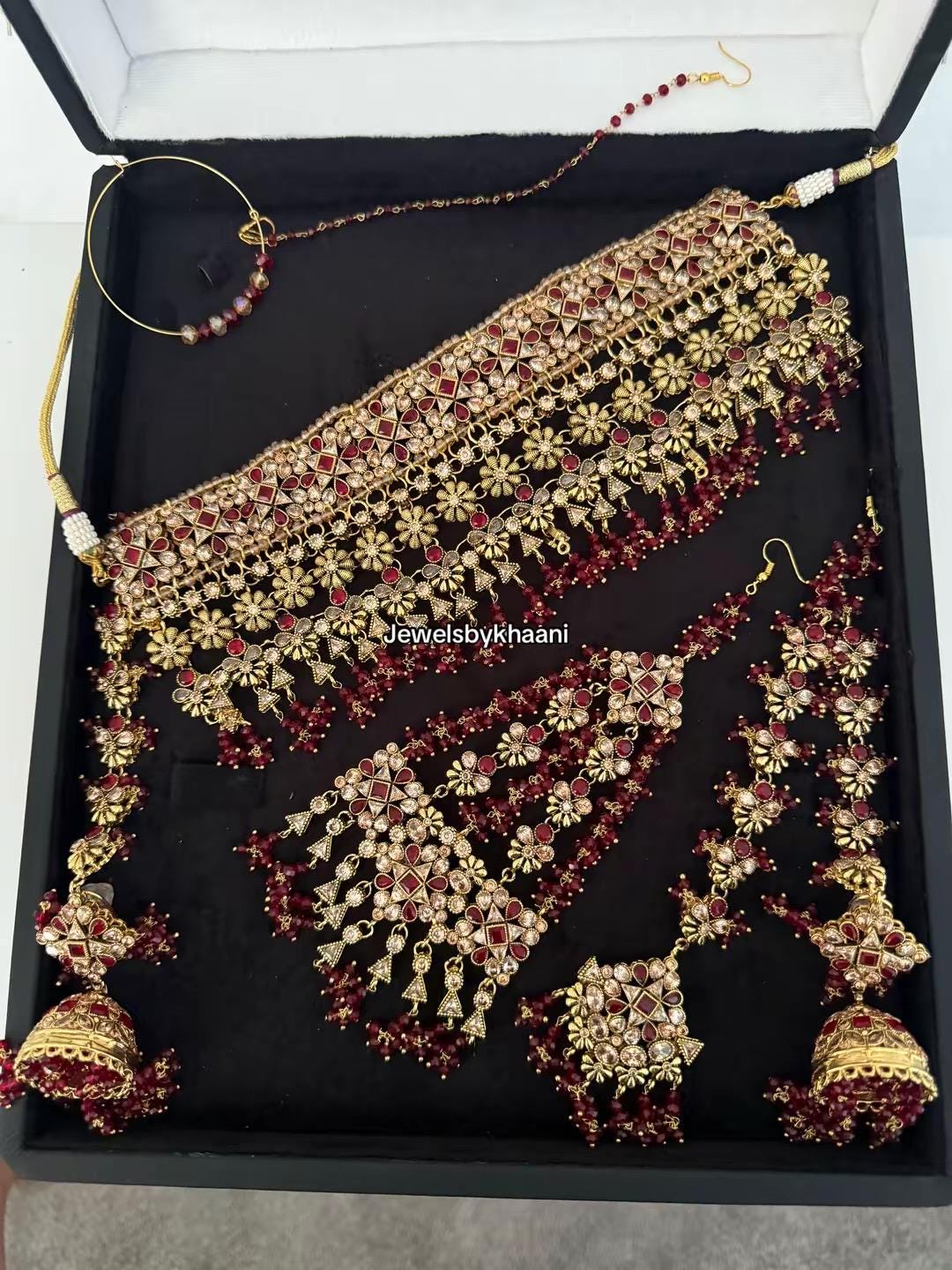 24k Gold Plated Bridal Choker Jewelry Set: Red Indian Pakistani Wedding