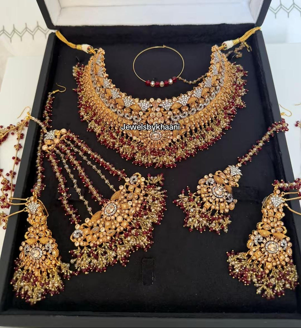 24k Gold Plated Bridal Choker Jewelry Set: Red Indian Pakistani Wedding