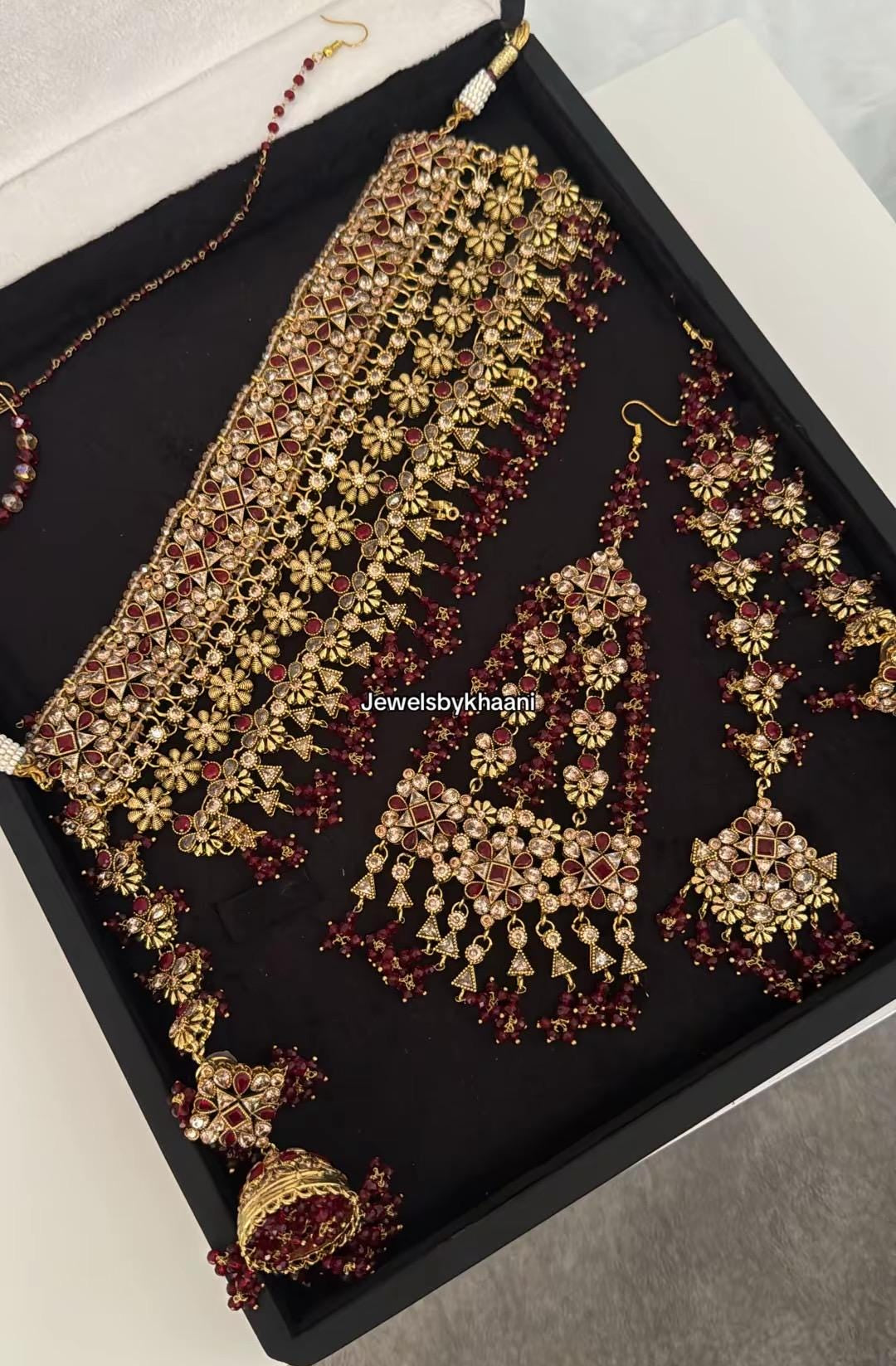 24k Gold Plated Bridal Choker Jewelry Set: Red Indian Pakistani Wedding