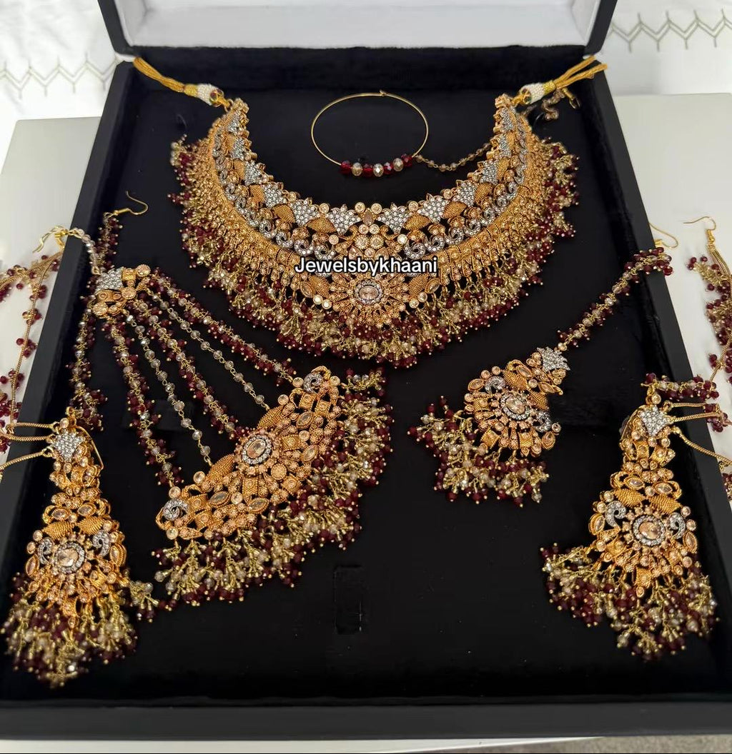 24k Gold Plated Bridal Choker Jewelry Set: Red Indian Pakistani Wedding