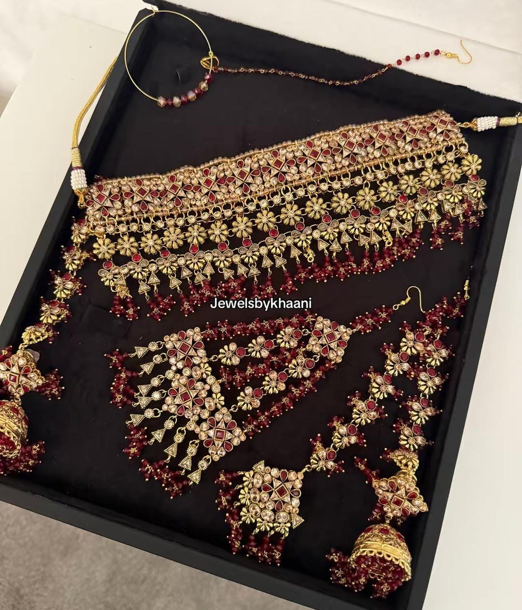 24k Gold Plated Bridal Choker Jewelry Set: Red Indian Pakistani Wedding