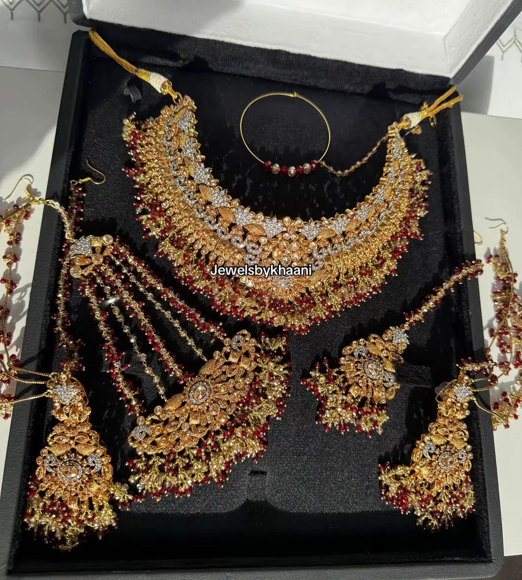 24k Gold Plated Bridal Choker Jewelry Set: Red Indian Pakistani Wedding