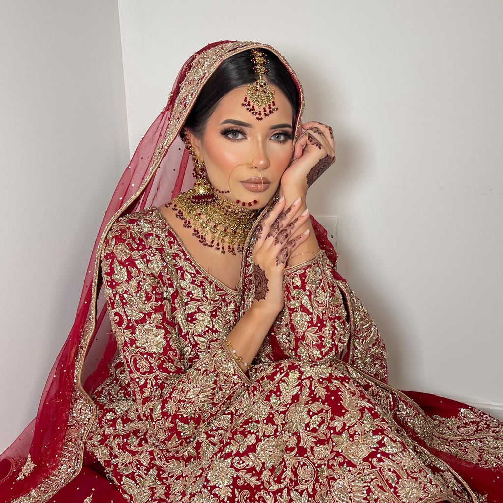 24k Gold Plated Bridal Choker Jewelry Set: Red Indian Pakistani Wedding