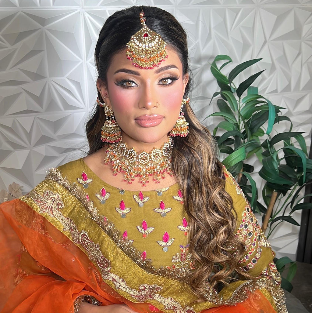 24k Gold Plated Indian Bridal Choker Jewelry Set, Wedding Necklace, Maang Tikka, Jhumka Earrings