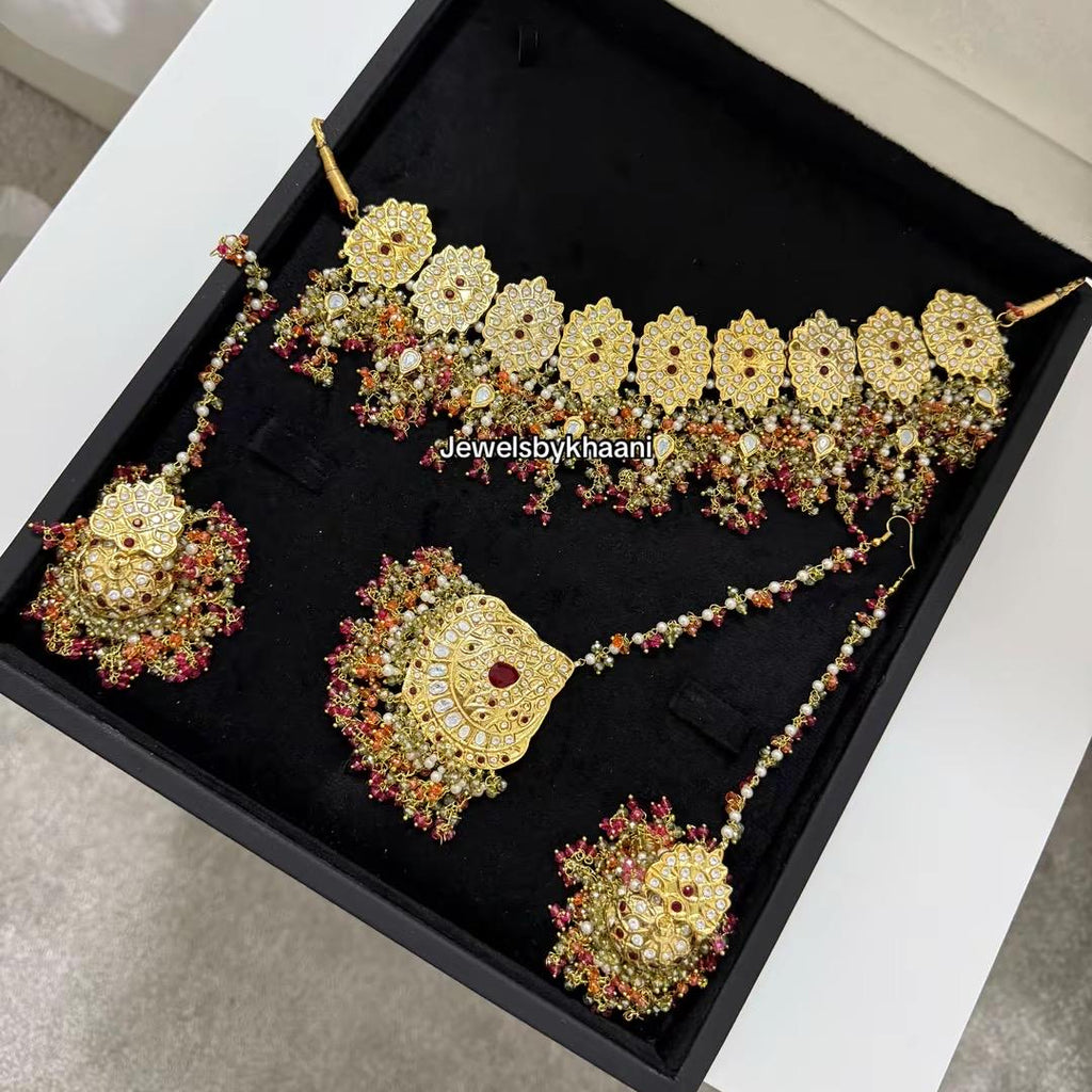 24k Gold Plated Indian Bridal Choker Jewelry Set, Wedding Necklace, Maang Tikka, Jhumka Earrings