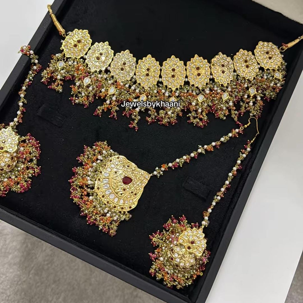 24k Gold Plated Indian Bridal Choker Jewelry Set, Wedding Necklace, Maang Tikka, Jhumka Earrings